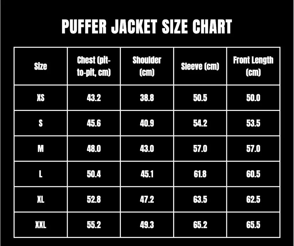 BEFORETHEFALL WHITE PUFFER JACKET size guide