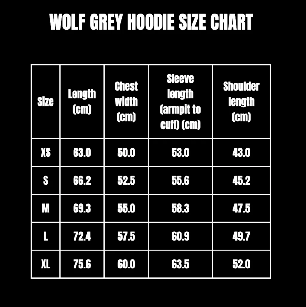 BEFORETHEFALL WOLF GREY HOODIE size guide