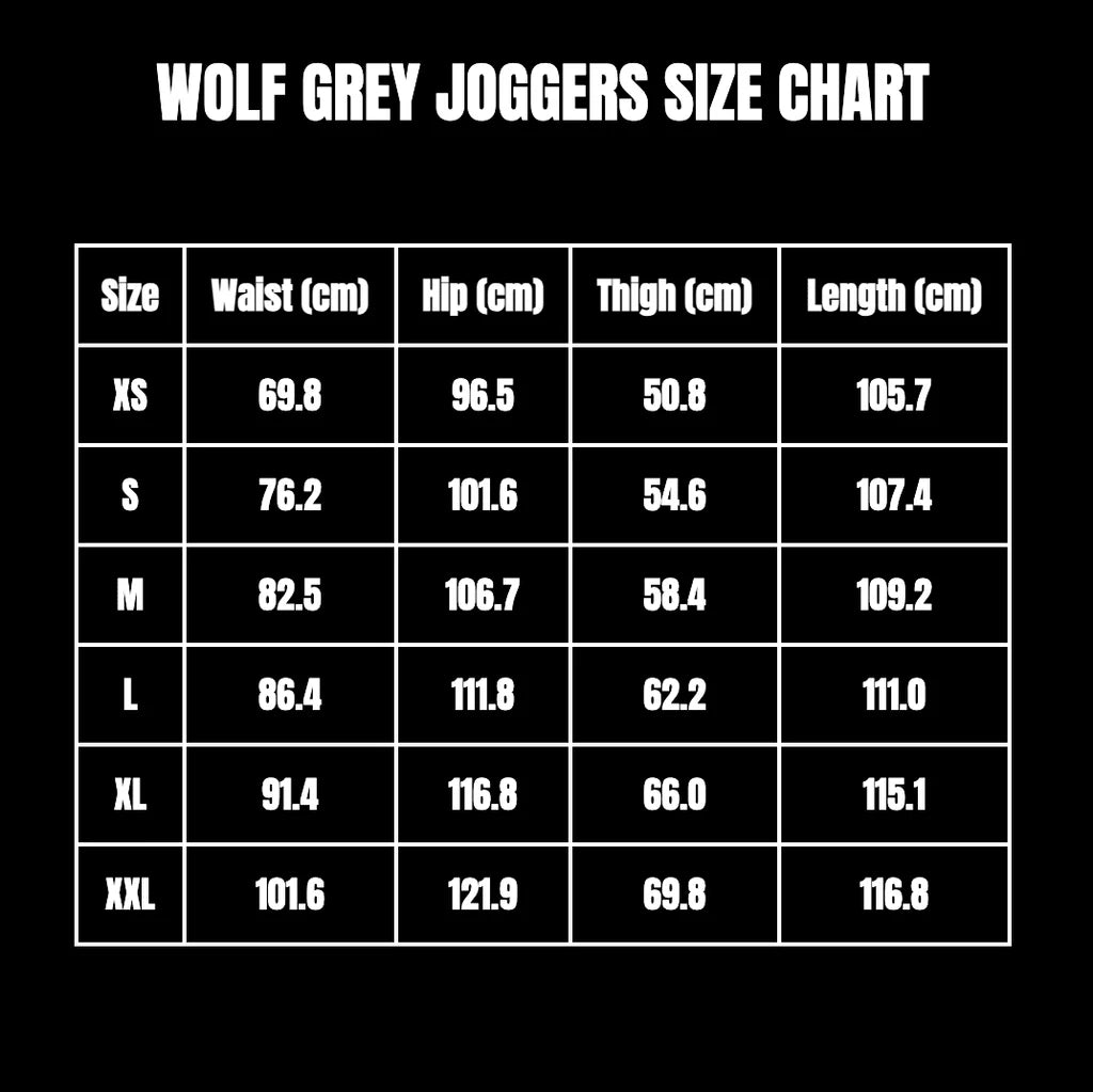 BEFORETHEFALL WOLF GREY JOGGERS size guide